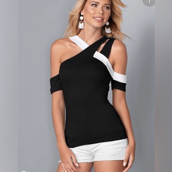 Venus  Black and White Cross-Shoulder Top - Picture 2 of 3
